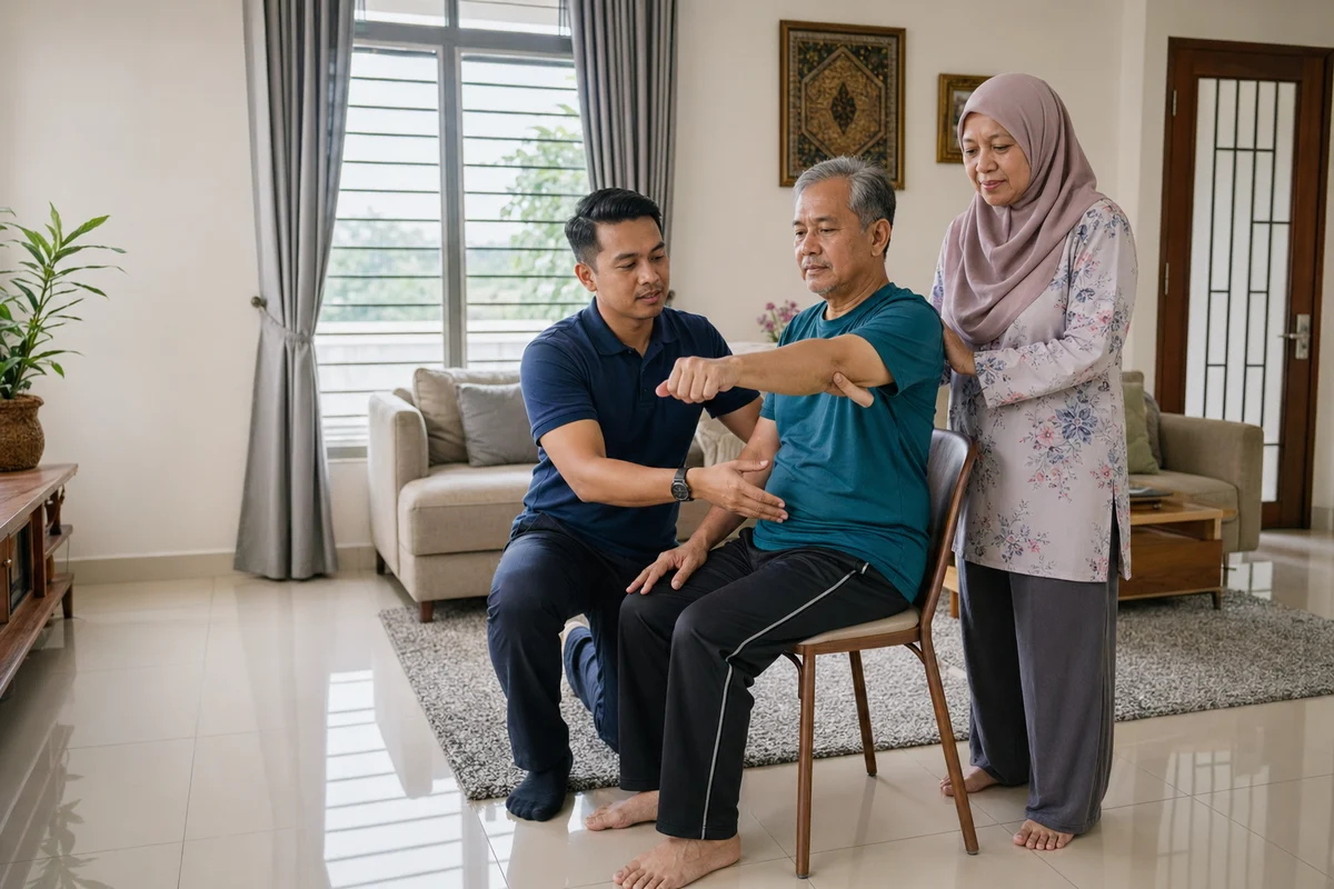 Physiotherapist preparing a home rehabilitation session for a patient in Johor